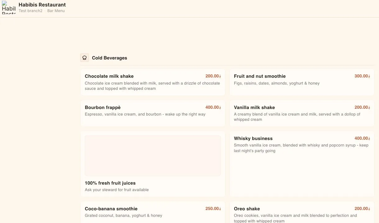 MenuList public customer menu showing categories, menu items, prices, and customer actions