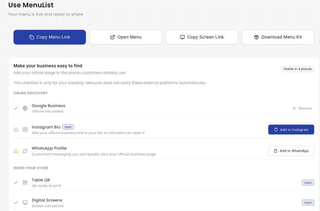 MenuList owner sharing screen showing menu link, screen link, QR code, and placement checklist controls
