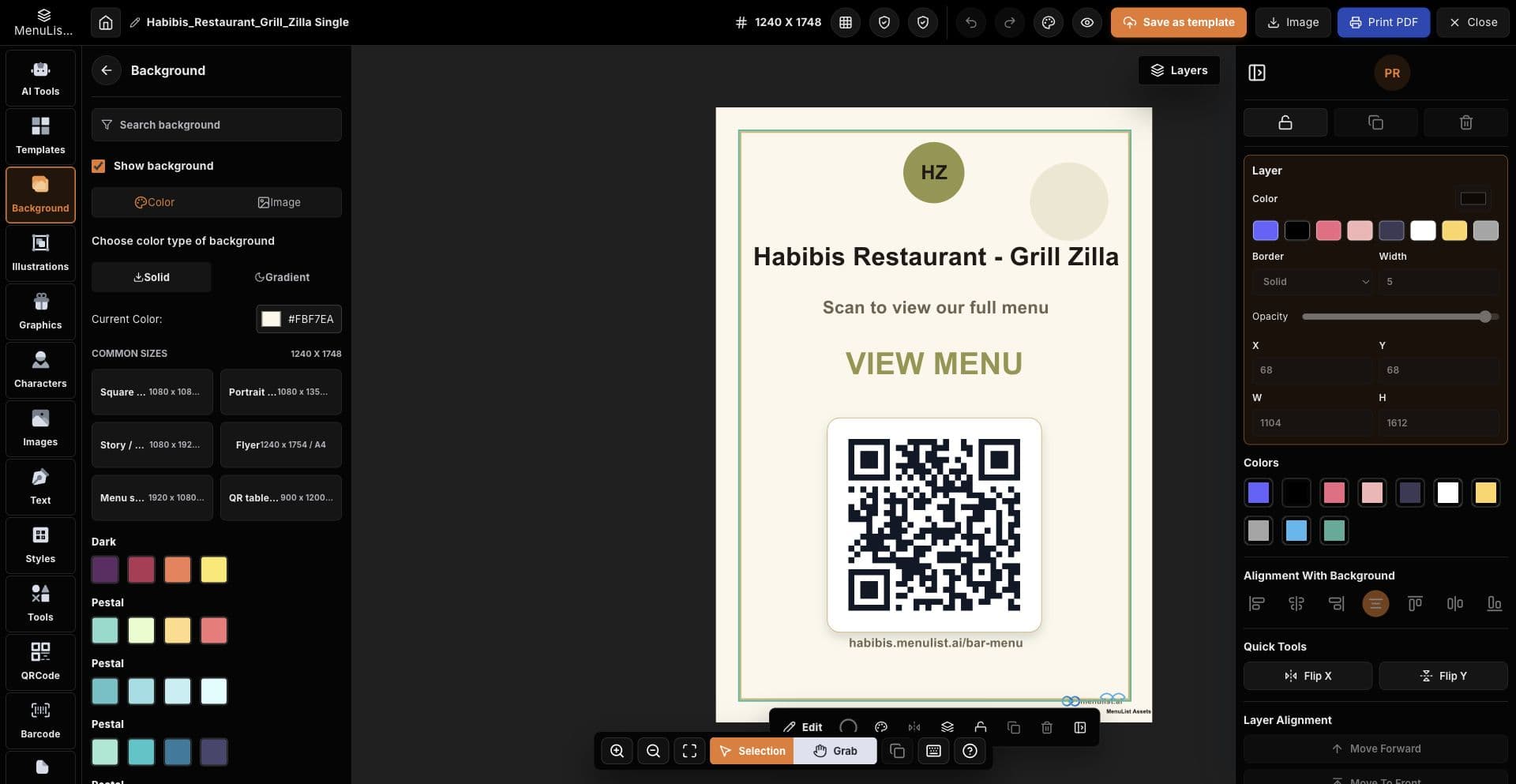 MenuList print asset editor showing a QR table card template with export buttons and editing panels