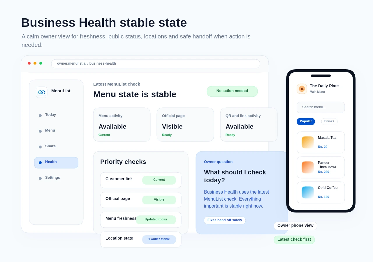 MenuList Business Health stable check using fictional demo menu data